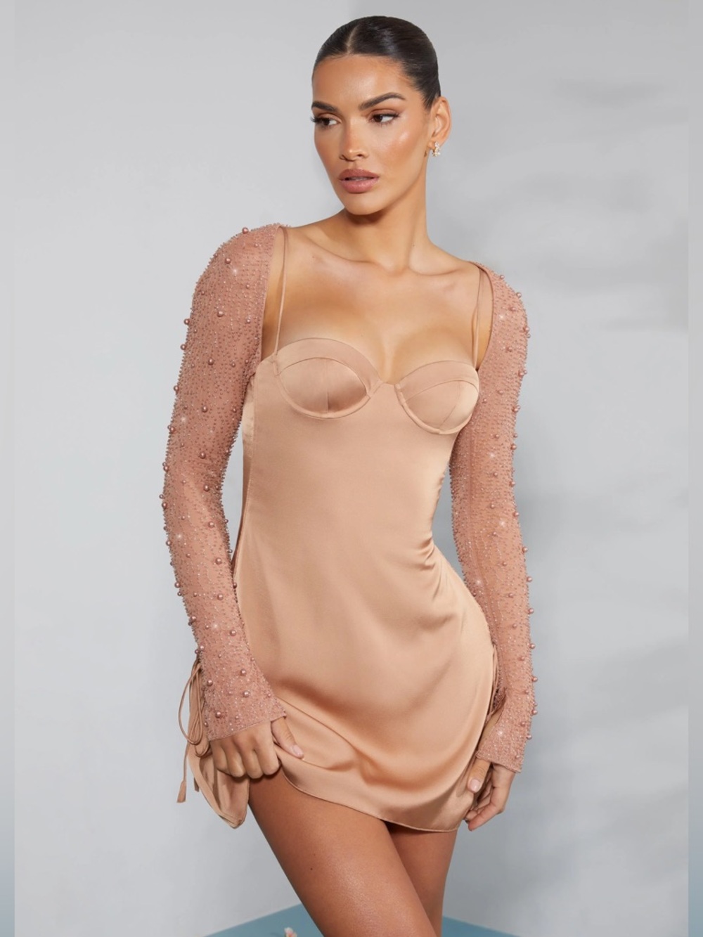Oh Polly Geneva Tan Satin Mini Dress + Beaded